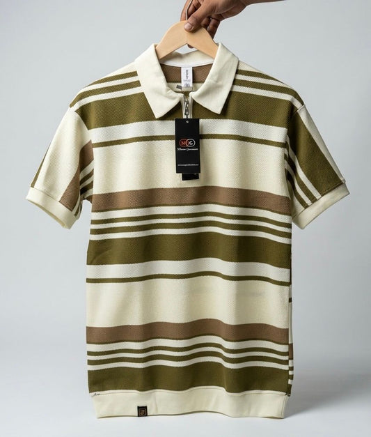 Textured Stripe Quarter-Zipper Polos